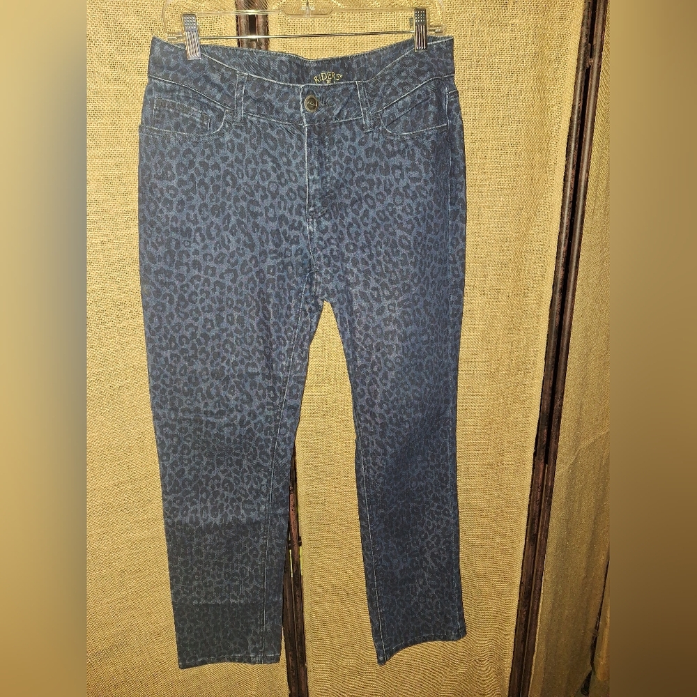 Riders Lee Womens Jeans 12P Straight Leg Blue Animal Print Denim